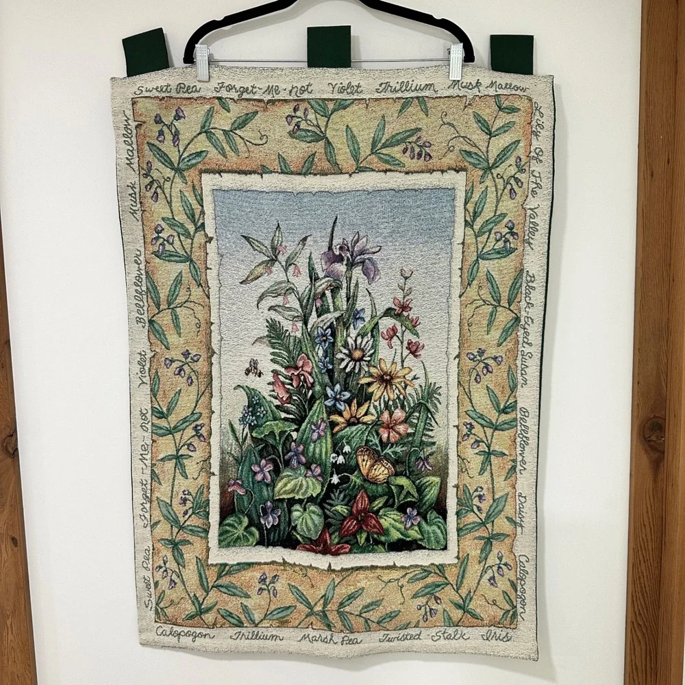 Vintage Floral Woven Wall Hanging Tapestry Botanical‎ Wildflower Butterfly 26x36